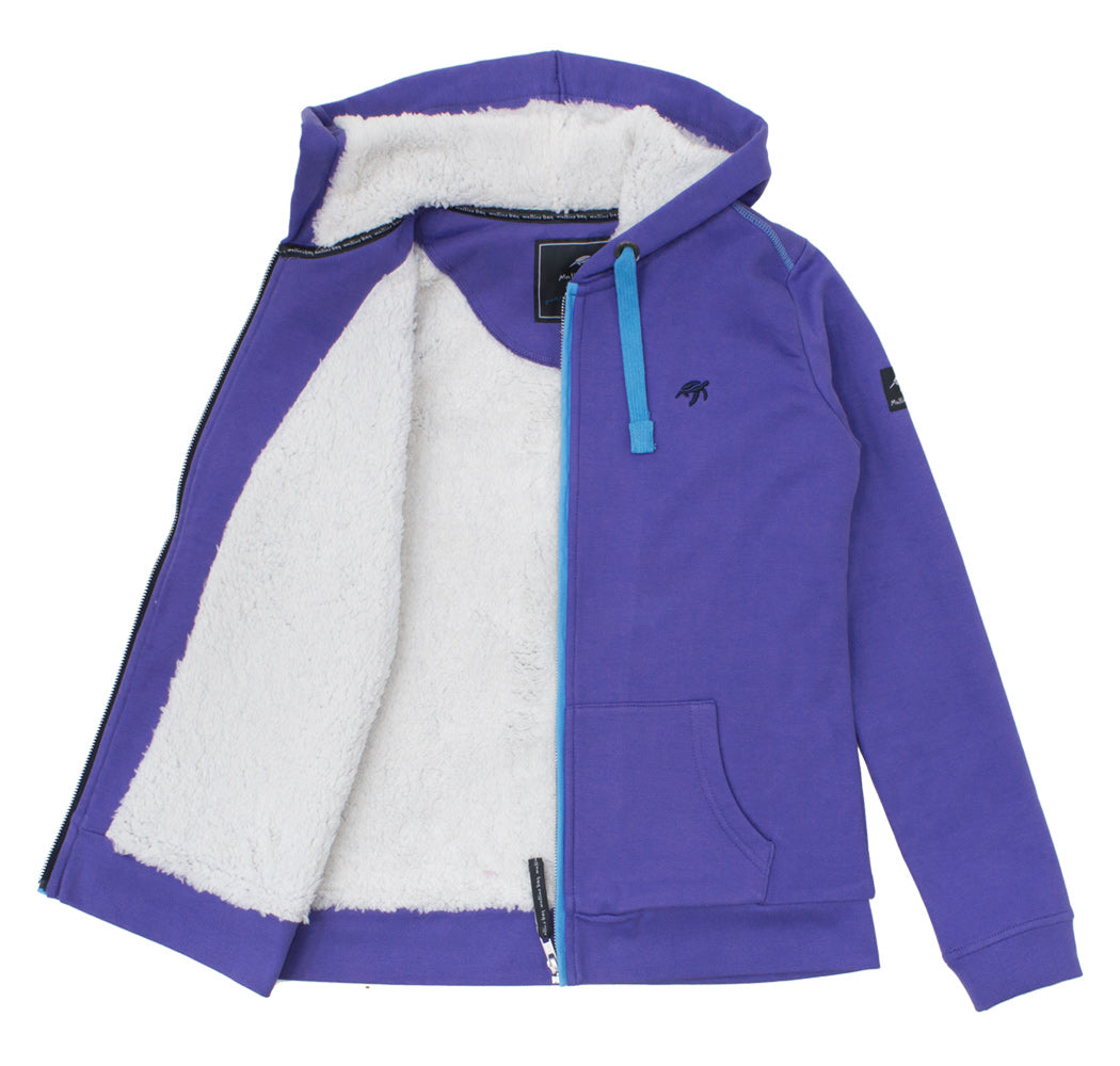 Luxurious Ladies Full Zip Hoodie in Indigo Haze, crafted from soft cotton with adjustable hood, perfect for chilly evenings, featuring ribbed hem and elegant Mullins Bay embroidery.