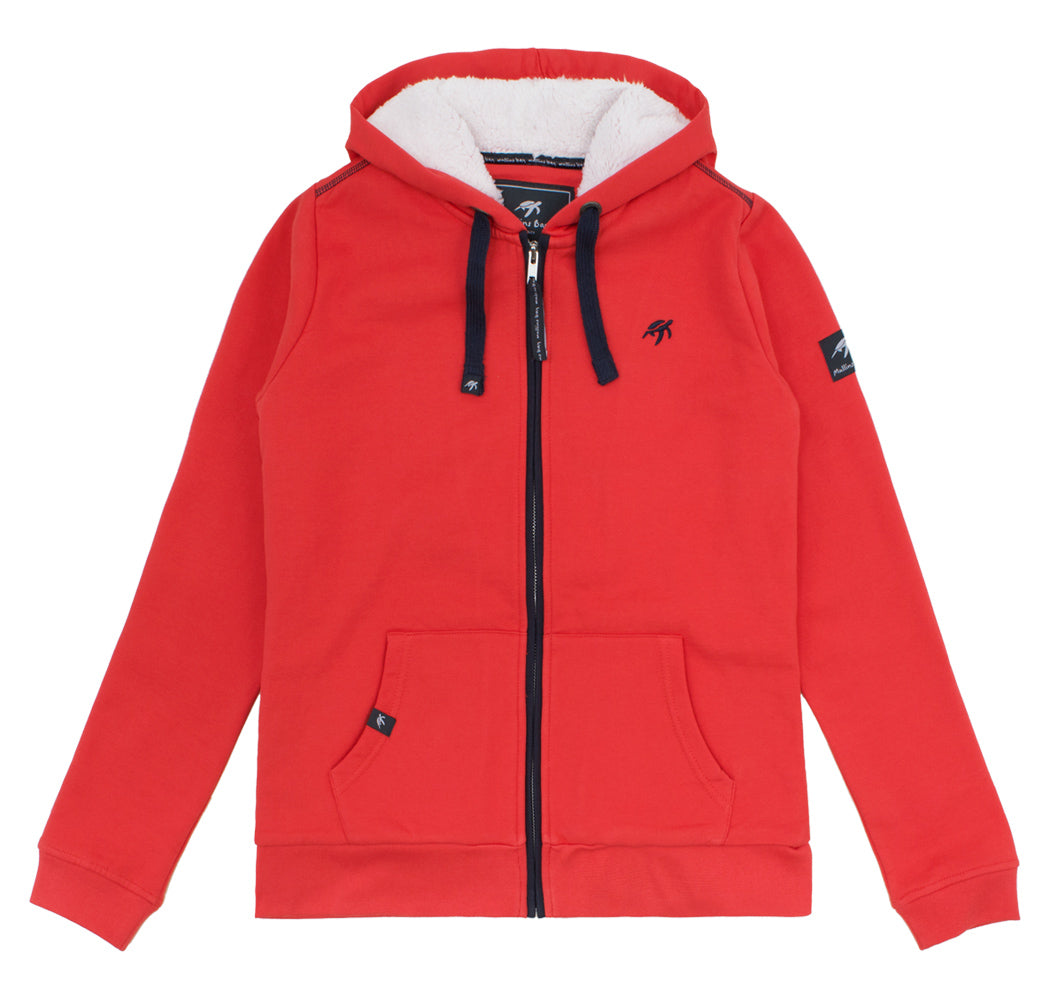 Ladies Spicy Red Boatyard Full Zip Hoodie featuring kangaroo pockets, made from luxurious soft cotton with ribbed hem, ages 8-18.