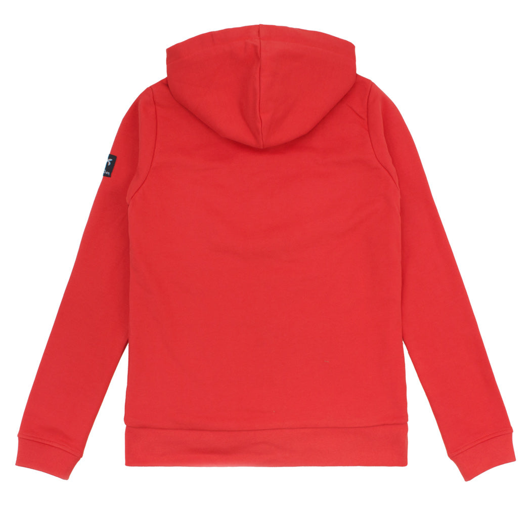 Elegant view of the Ladies Spicy Red Boatyard Hoodie showcasing the contrasting inside hood and draw cords, perfect for stylish comfort.