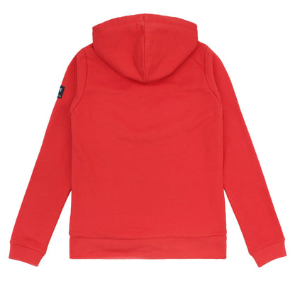Elegant view of the Ladies Spicy Red Boatyard Hoodie showcasing the contrasting inside hood and draw cords, perfect for stylish comfort.