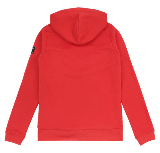 Elegant view of the Ladies Spicy Red Boatyard Hoodie showcasing the contrasting inside hood and draw cords, perfect for stylish comfort.