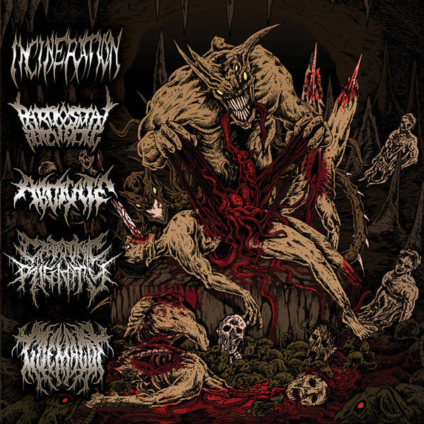 Album cover of 'Horrendous Forms of Human Ruination' by Incineration, Paroxysmal Butchering, Abdicate, Catatonic Rigidity, and Goemagot, released through Rancid Offal Records, showcasing artwork that embodies the dark themes of death metal.