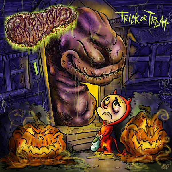Pancrectomy Trick or Treat album cover by Rancid Offal Records, featuring dark and intricate artwork representing the death metal genre, released in 2018.