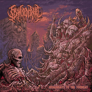 Cover art of 'Monuments To The Torment' by Sex Murder Art, available from Rancid Offal Records, showcasing the dark and intense aesthetic typical of death metal albums.