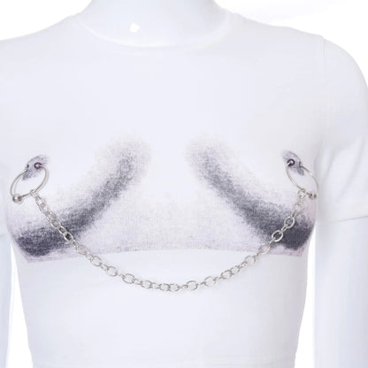 Model wearing Dazzling Dreams Studio Daring Chain Cropped Women's Urban Chic Streetwear Tee, styled with high-waisted jeans for a chic ensemble.