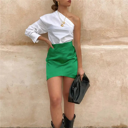 Luxurious Satin Short Skirt for Women - Chic High Waist Design in Vibrant Green, showcased with a stylish one-shoulder top and accessories, perfect for formal occasions.