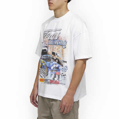FROST oversized Motor Club Tee for men featuring a striking Subaru Impreza WRX graphic design in chalk white, crafted from premium 100% heavyweight cotton, embodying luxury and motorsport nostalgia.