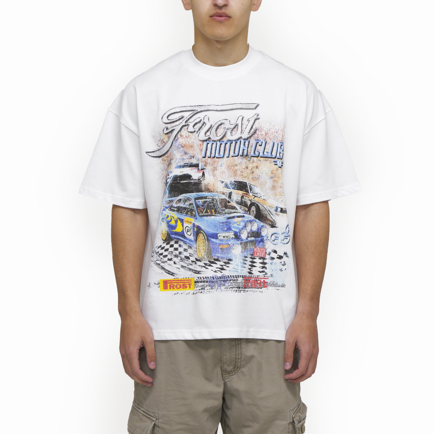 Close-up of the FROST motor club tee showcasing the bold DTG print of Subaru Impreza WRX, exemplifying high-quality craftsmanship and streetwear appeal.