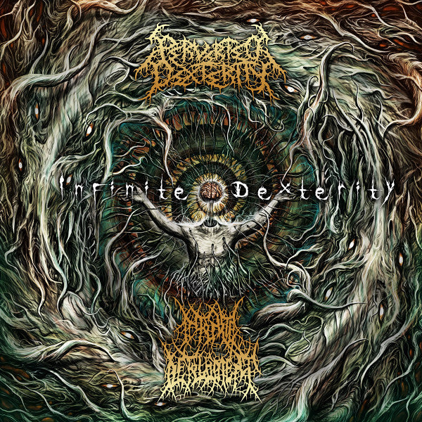 Cover art of Infinite Defilement / Perverted Dexterity's 'Infinite Dexterity' CD released by Rancid Offal Records, showcasing the dark and intricate artwork typical of the death metal genre.