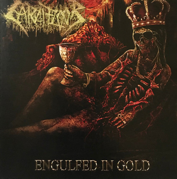 Carnifloor - Engulfed In Gold CD cover art by Rancid Offal Records, showcasing the album's luxury aesthetic in the death metal genre, released in 2020.