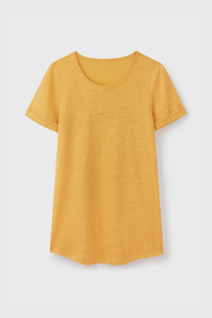 Luxury women's 100% linen t-shirt in a stylish natural colour. Lightweight and breathable fabric ideal for warm-weather wear, available in sizes 8-16.