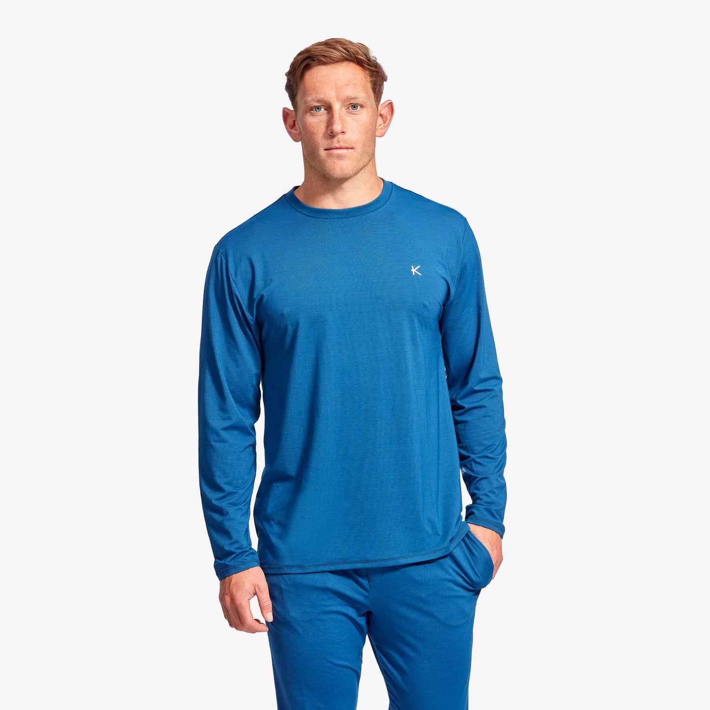 Luxurious KYMIRA Men's Infrared Recovery Long Sleeve Sleepwear Top in soft jersey fabric, available in sizes XS-XXL, featuring a breathable design for ultimate comfort.