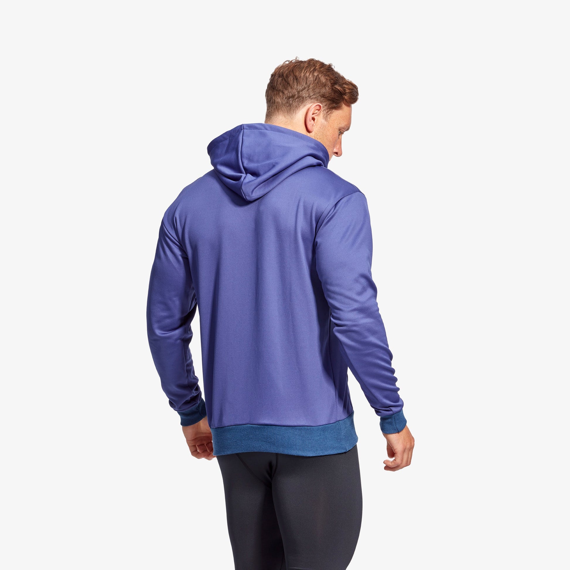 Luxurious grey and blue KYMIRA Men's Infrared Hoodie, perfect for gym and outdoor activities, showcasing water-repellent fabric and sleek design.