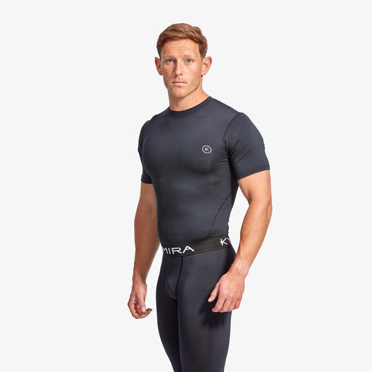 Close-up of KYMIRA Men's IR50 Baselayer Top showcasing the premium fabric and meticulous stitching, perfect for athletes seeking performance and style.