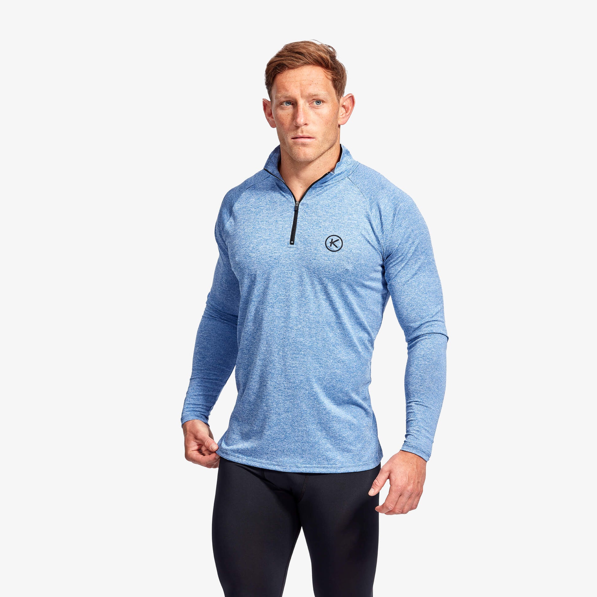 KYMIRA Men's Infrared 1/4 Zip Long Sleeve Top showcasing its ergonomic design and high neck collar, perfect for enhanced performance and recovery.