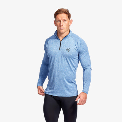 KYMIRA Men's Infrared 1/4 Zip Long Sleeve Top showcasing its ergonomic design and high neck collar, perfect for enhanced performance and recovery.