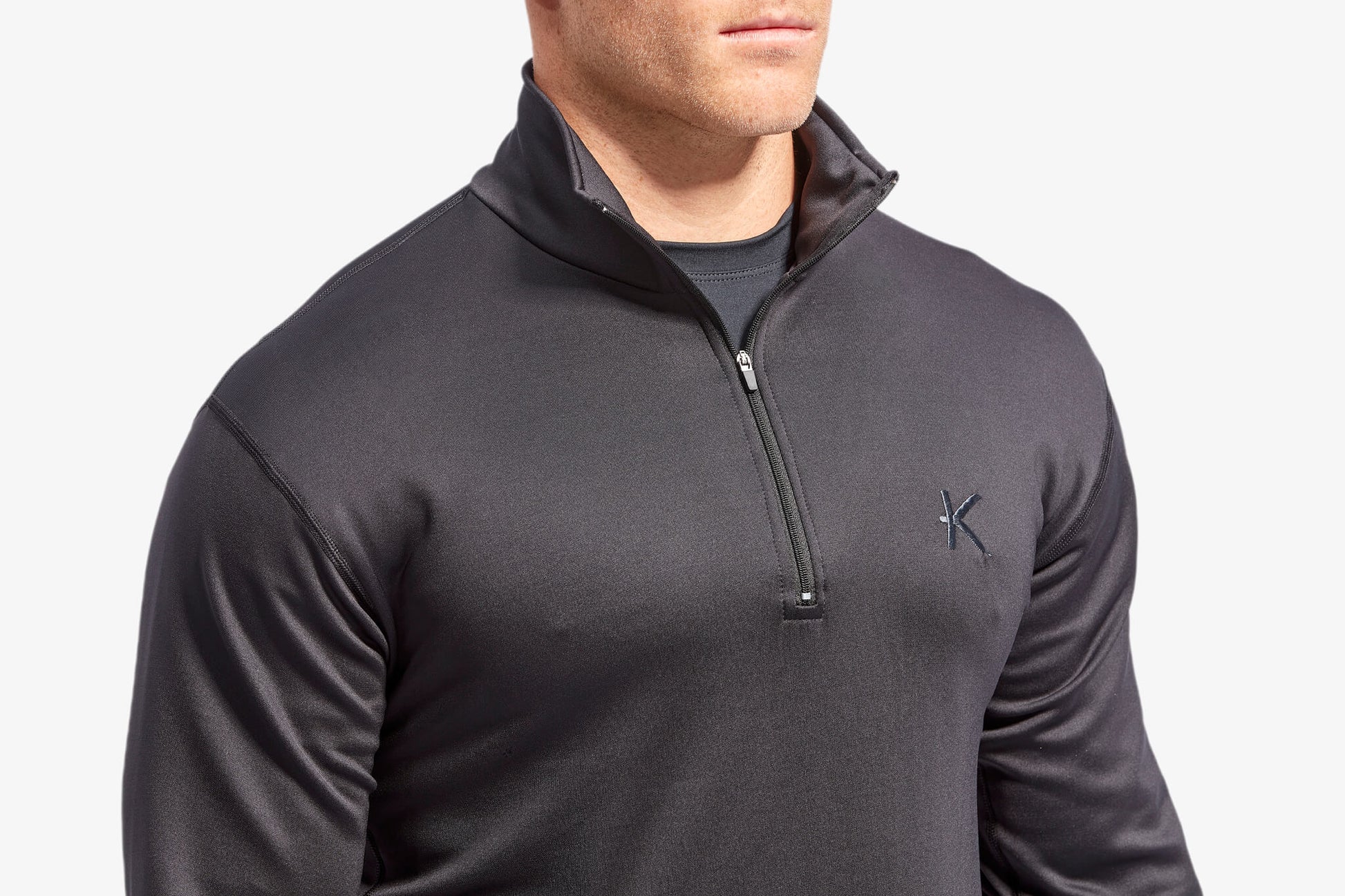 Close-up detail of men's KYMIRA Infrared Infracycle™ Half Zip Fleece showcasing the zip lock neck for temperature regulation.