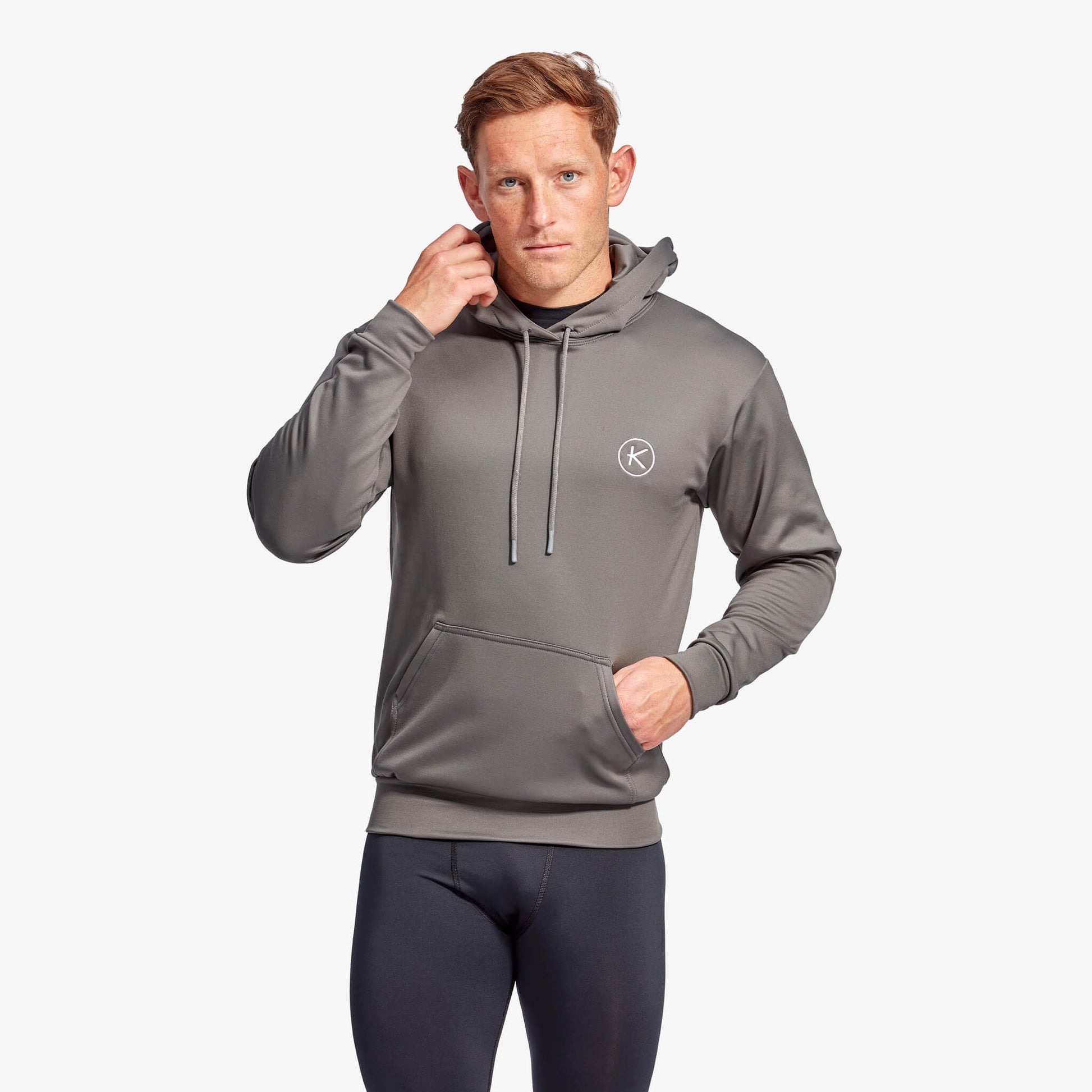 Men's luxury KYMIRA infrared hoodie in grey and blue, designed for gym and outdoor activities, showcasing water-repellent fabric and thermal insulation for unmatched comfort and style.