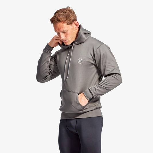 Men's KYMIRA Infrared Hoodie in luxurious grey and blue, designed for ultimate warmth and water-repellency, ideal for gym and outdoor activities.