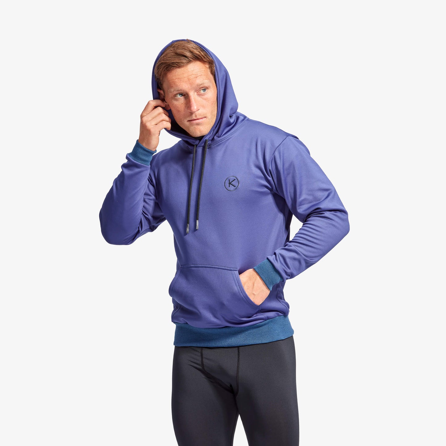 Back view of KYMIRA Men's Infrared Hoodie, showcasing fitted cuffs and large front pocket, ideal for gym enthusiasts and outdoor adventurers.