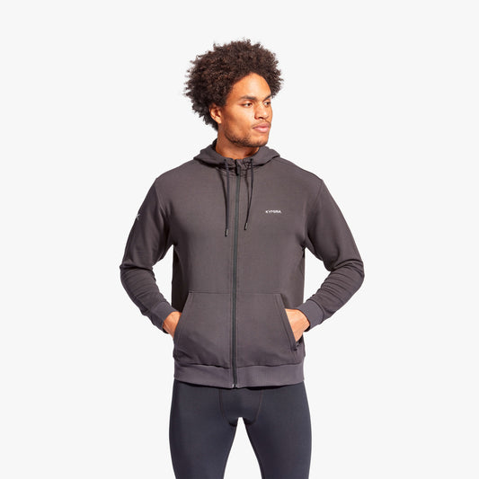 Luxury KYMIRA Men's Celliant Infrared Recovery Tracksuit Top in stylish grey with full zip and drawstring hood, designed for warmth and enhanced recovery, perfect for athletic training or casual wear.