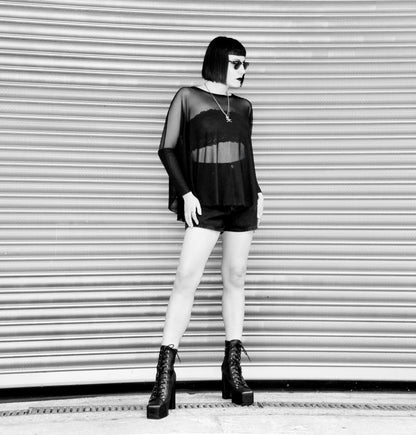 Necessary Evil Circe Mesh Top - Sheer Oversized Design with Double-Layered Sleeves, Sizes 8-22