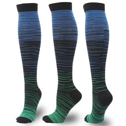 An elegant showcase of Men's and Women's activewear Flightwear Compression Stockings and Socks with a sophisticated blue and green gradient design, embodying luxury and functionality for athletes.