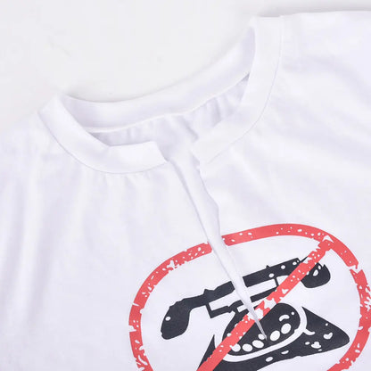 Detailed view of the neckline of the Tell Your Boyfriend to Stop Calling Me Slogan Print White Graphic Crop Top, showcasing quality craftsmanship and contemporary design.