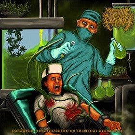 CD cover of Intestine Autopsy's Parasitic Fertilization of Criminal Slamology, released by Rancid Offal Records, showcasing a striking design emblematic of the Death Metal genre, emphasizing the album's dark themes and artistic visuals.