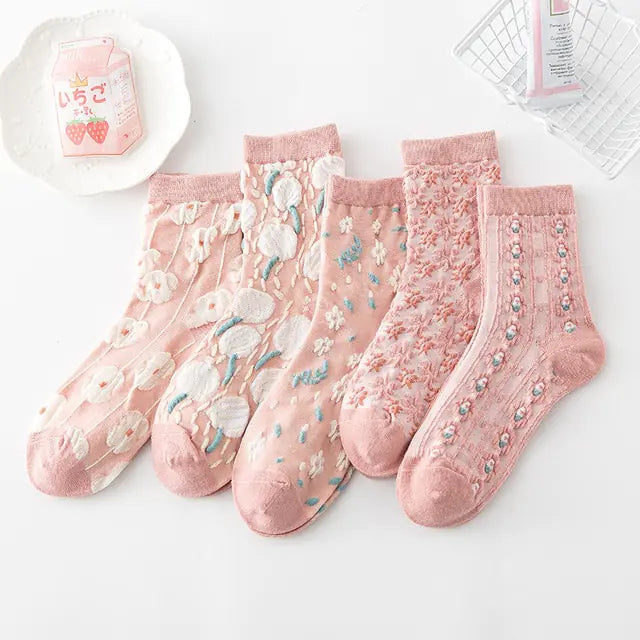 5 Pairs Women's Vintage Flower Embroidery Socks