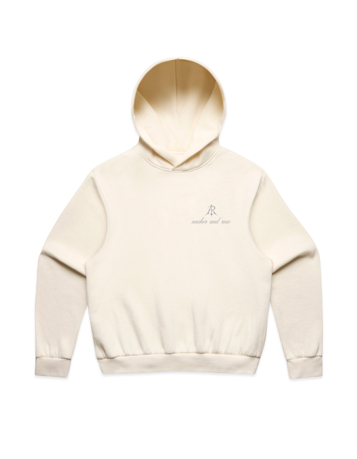 Close-up of the Box Minus Hoodie by Anchor and Rose Apparel, showcasing its premium 80% cotton, 20% recycled polyester fabric and contemporary boxy design.