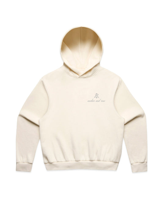 Close-up of the Box Minus Hoodie by Anchor and Rose Apparel, showcasing its premium 80% cotton, 20% recycled polyester fabric and contemporary boxy design.