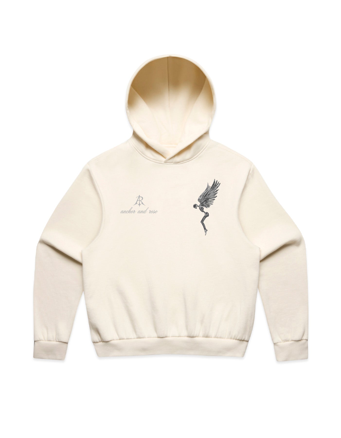 Close-up of the high-quality fabric of the Fallen Angel Box Minus Hoodie from Anchor and Rose Apparel, featuring an 80% cotton and 20% recycled polyester composition.