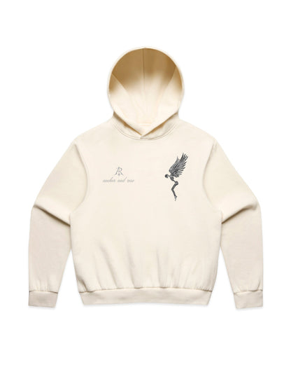 Close-up of the high-quality fabric of the Fallen Angel Box Minus Hoodie from Anchor and Rose Apparel, featuring an 80% cotton and 20% recycled polyester composition.