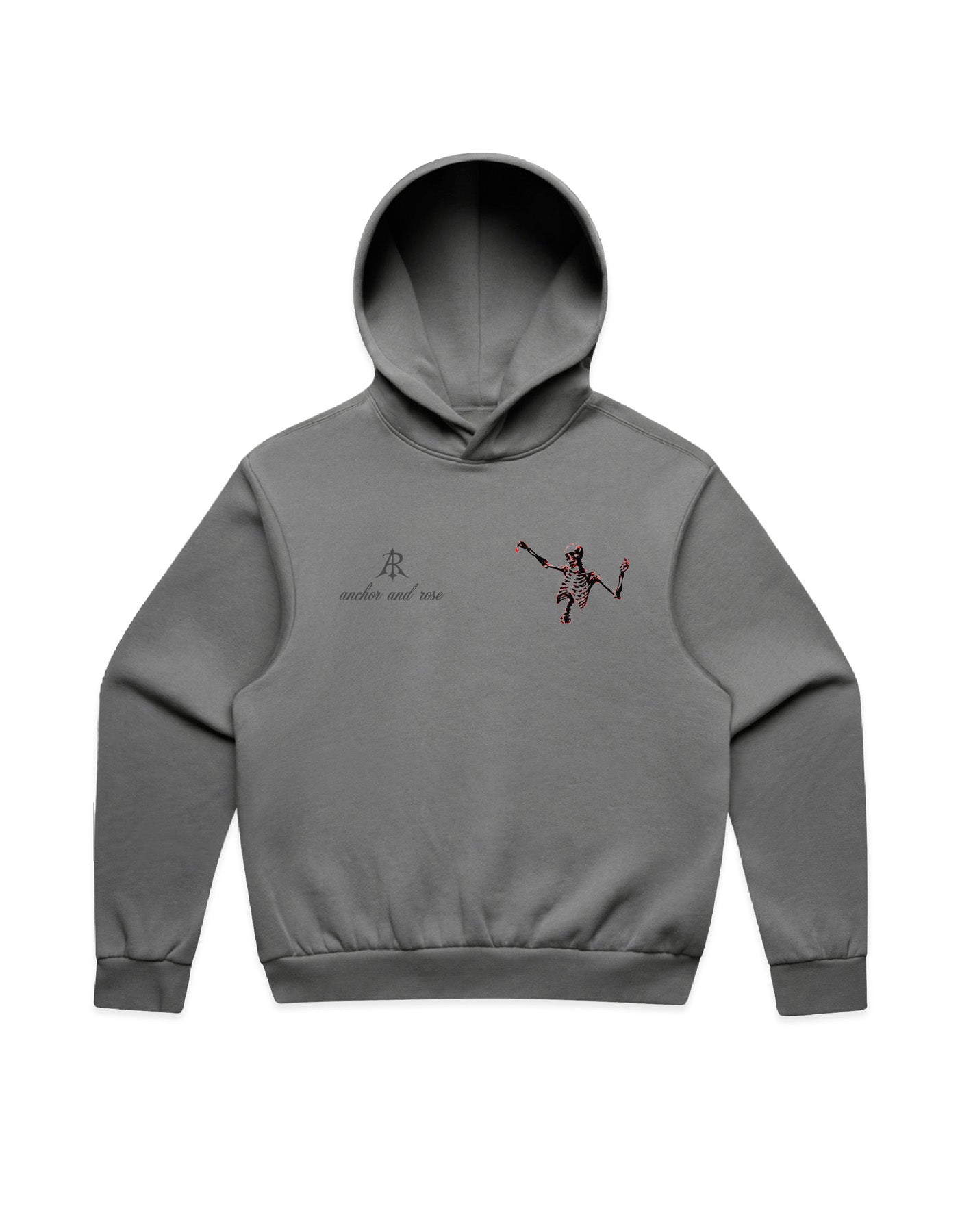 Dancing Skeleton Box Minus Hoodie by Anchor and Rose Apparel, showcasing relaxed fit and eco-friendly fleece design in elegant style.