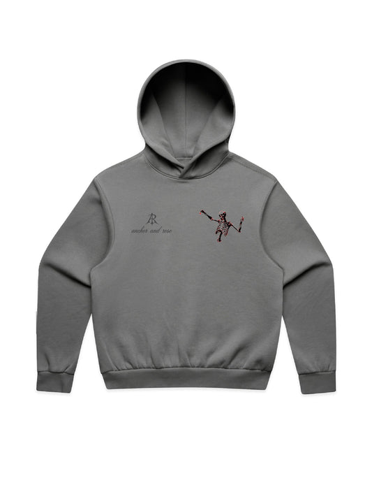 Dancing Skeleton Box Minus Hoodie by Anchor and Rose Apparel, showcasing relaxed fit and eco-friendly fleece design in elegant style.