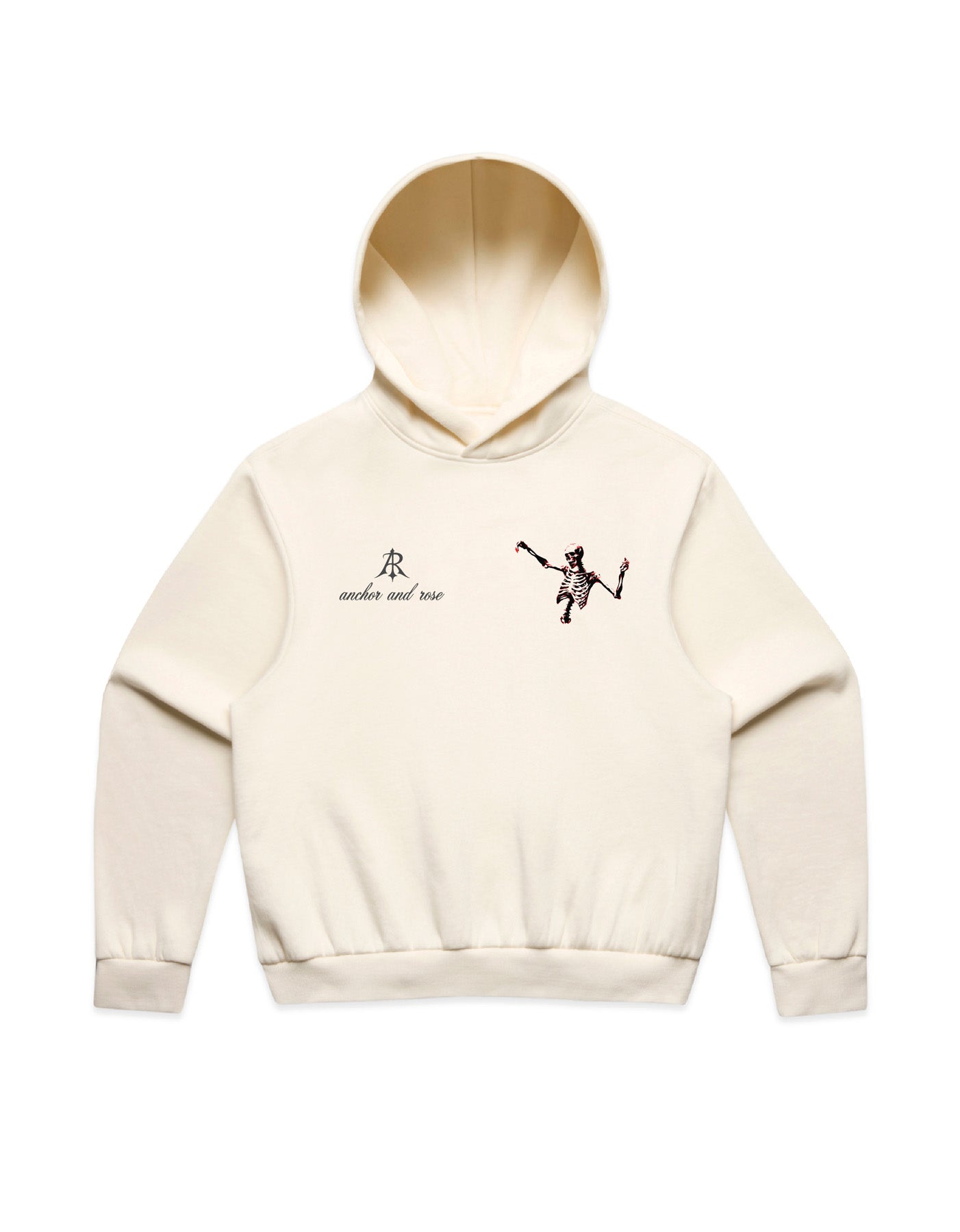 Dancing Skeleton Box Minus Hoodie by Anchor and Rose Apparel, relaxed fit eco-friendly fleece in sizes S-3XL, featuring a modern boxy design and mid-heavy weight fabric.