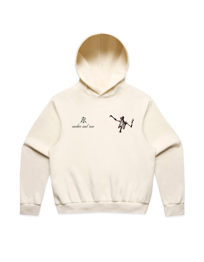 Dancing Skeleton Box Minus Hoodie by Anchor and Rose Apparel, relaxed fit eco-friendly fleece in sizes S-3XL, featuring a modern boxy design and mid-heavy weight fabric.