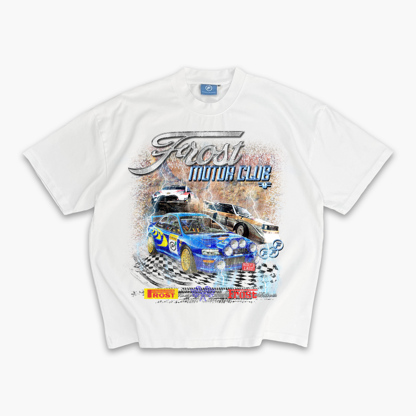 FROST oversized men's motor club tee in chalk white featuring iconic Subaru Impreza WRX graphic design, tailored from premium 100% cotton for a luxurious look.