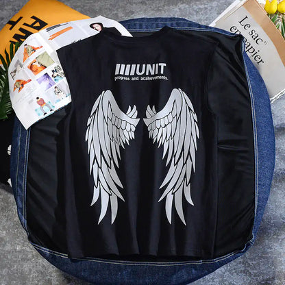 High-quality cotton Edgy Cut Off Angel Wings Tee by Dazzling Dreams Studio, featuring a rebellious angel wings print for a striking statement piece.