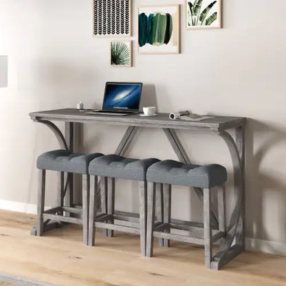 Sophisticated Apex Artisan Bar and workstation featuring a premium solid wood table with a stylish X-shaped base and three complementary light grey stools, designed for comfort and elegance.