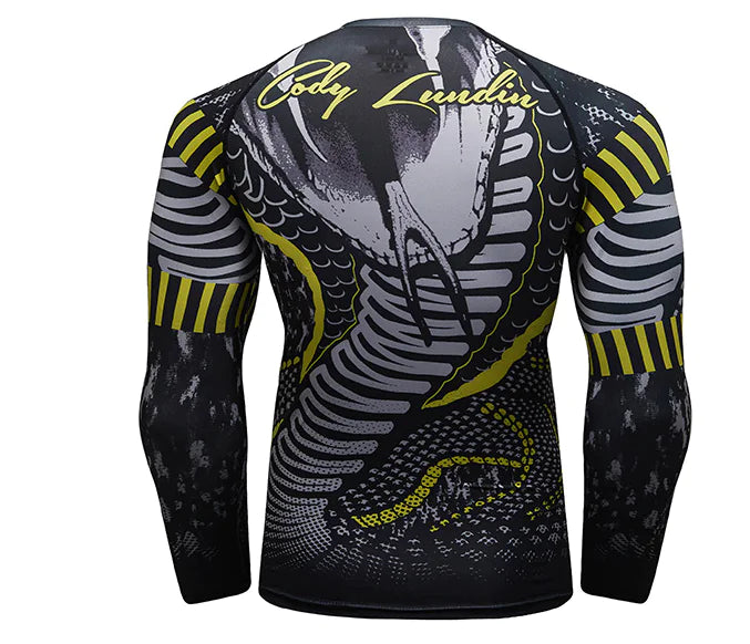 Premium men's long sleeve compression shirt featuring a detailed snake graphics and contemporary design elements, perfect for activewear enthusiasts.
