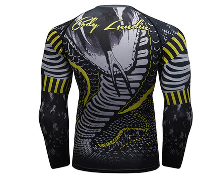 Premium men's long sleeve compression shirt featuring a detailed snake graphics and contemporary design elements, perfect for activewear enthusiasts.