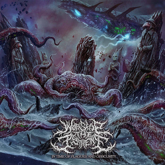 Worship The Pestilence - In Time of Plagues and Obscurity CD album cover by Rancid Offal Records, showcasing a dark and atmospheric design typical of Death Metal genre.