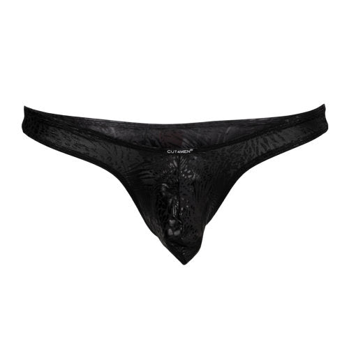 C4M Enhanced Thong in Leopard Print, featuring a plush front pouch for optimal masculine enhancement, crafted from luxurious 93% polyester and 7% elastane, designed for ultimate comfort and style.