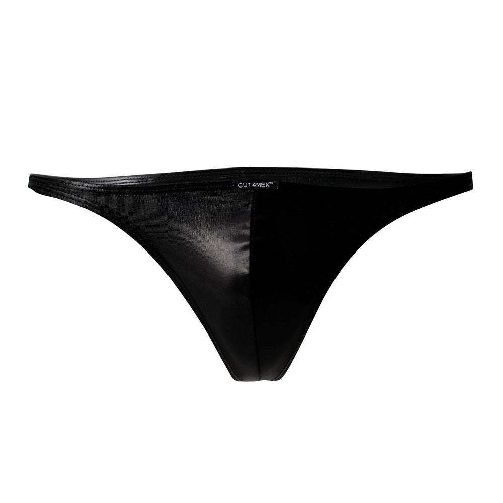 Luxury black leatherette Brazilian briefs featuring a cheeky cut design for a sensual look, crafted from 93% polyester and 7% elastane for ultimate comfort and secure fit, perfect for showcasing confidence and style.