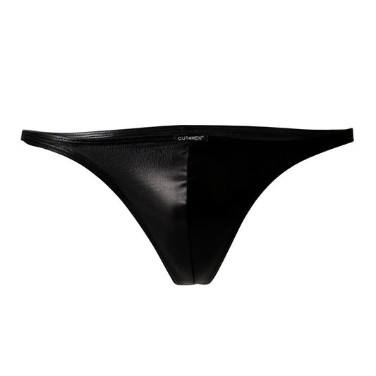 Luxury black leatherette Brazilian briefs featuring a cheeky cut design for a sensual look, crafted from 93% polyester and 7% elastane for ultimate comfort and secure fit, perfect for showcasing confidence and style.