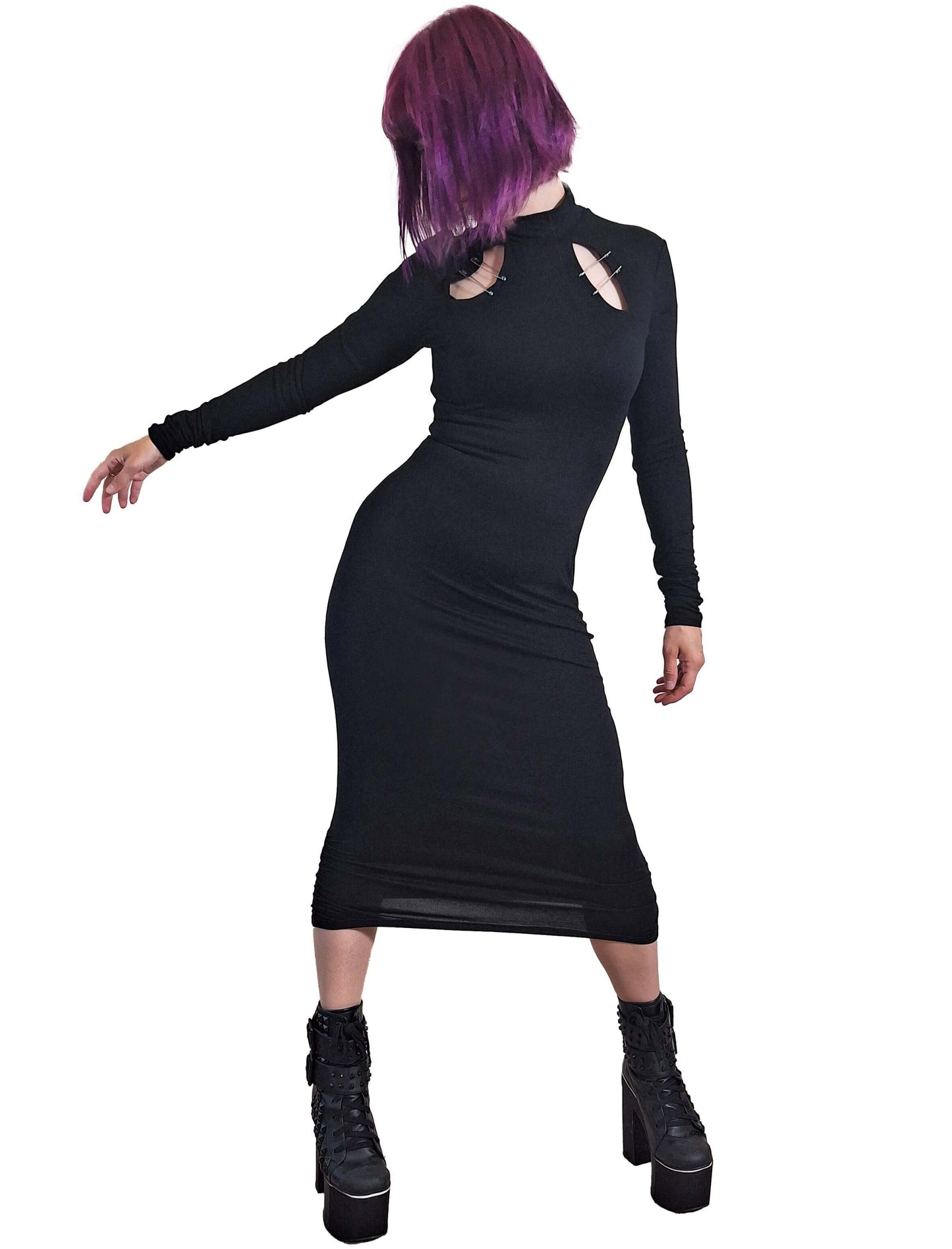 Elegant Necessary Evil Nyx Gothic Midi Dress featuring keyhole cut-outs and silver safety pin details, showcased elegantly against a dark backdrop.