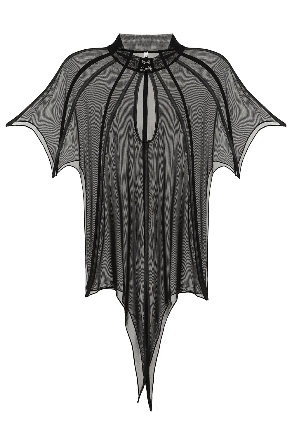 Close-up of the Necessary Evil Leutogi Mesh Bat Wing Cape Top highlighting the unique keyhole and hook and eye fastening detail for a sophisticated look.