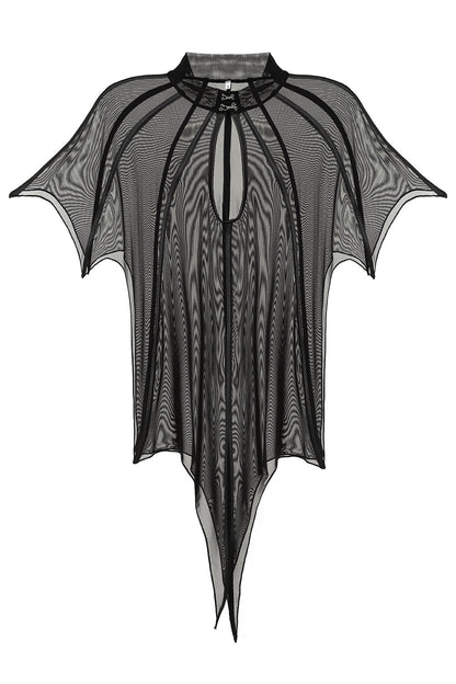 Close-up of the Necessary Evil Leutogi Mesh Bat Wing Cape Top highlighting the unique keyhole and hook and eye fastening detail for a sophisticated look.